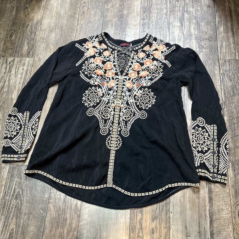 Johnny Was Beautiful Black Floral Embroidered Blouse Tunic Size S